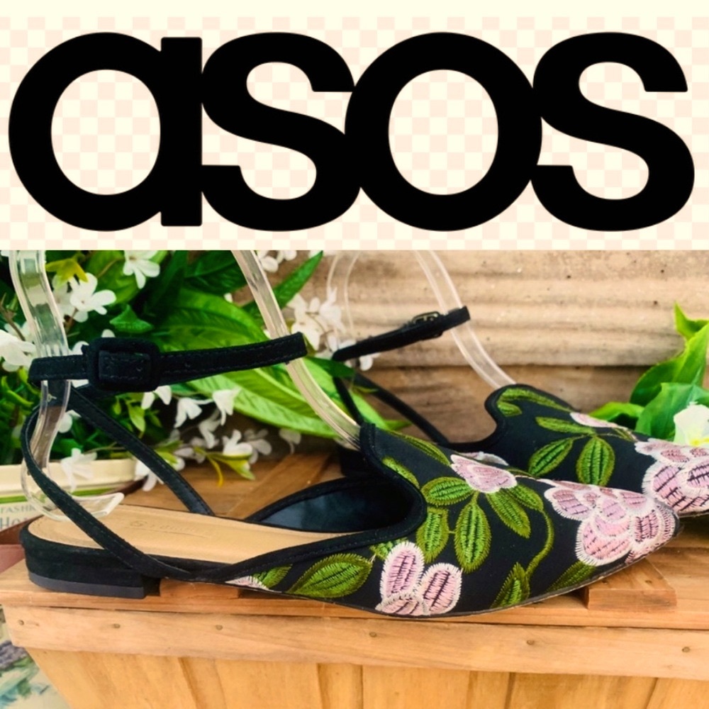 ASOS black floral embroidered flats ankle strap